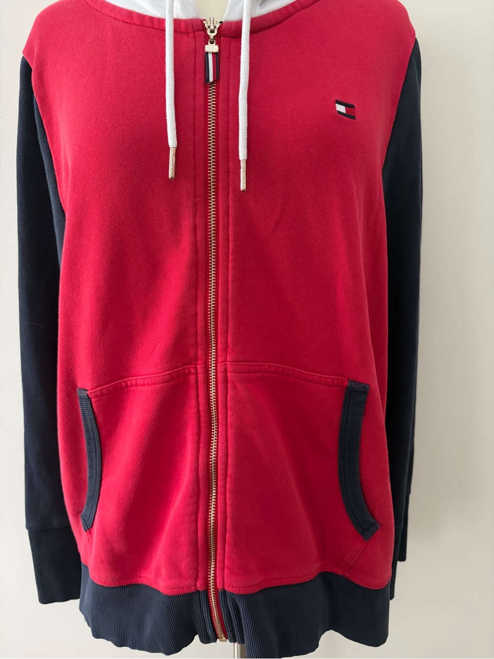 Tommy Hilfiger Retro Colorblock French Terry Red Navy Zip-Up Hoodie XL Preppy - Picture 11 of 11